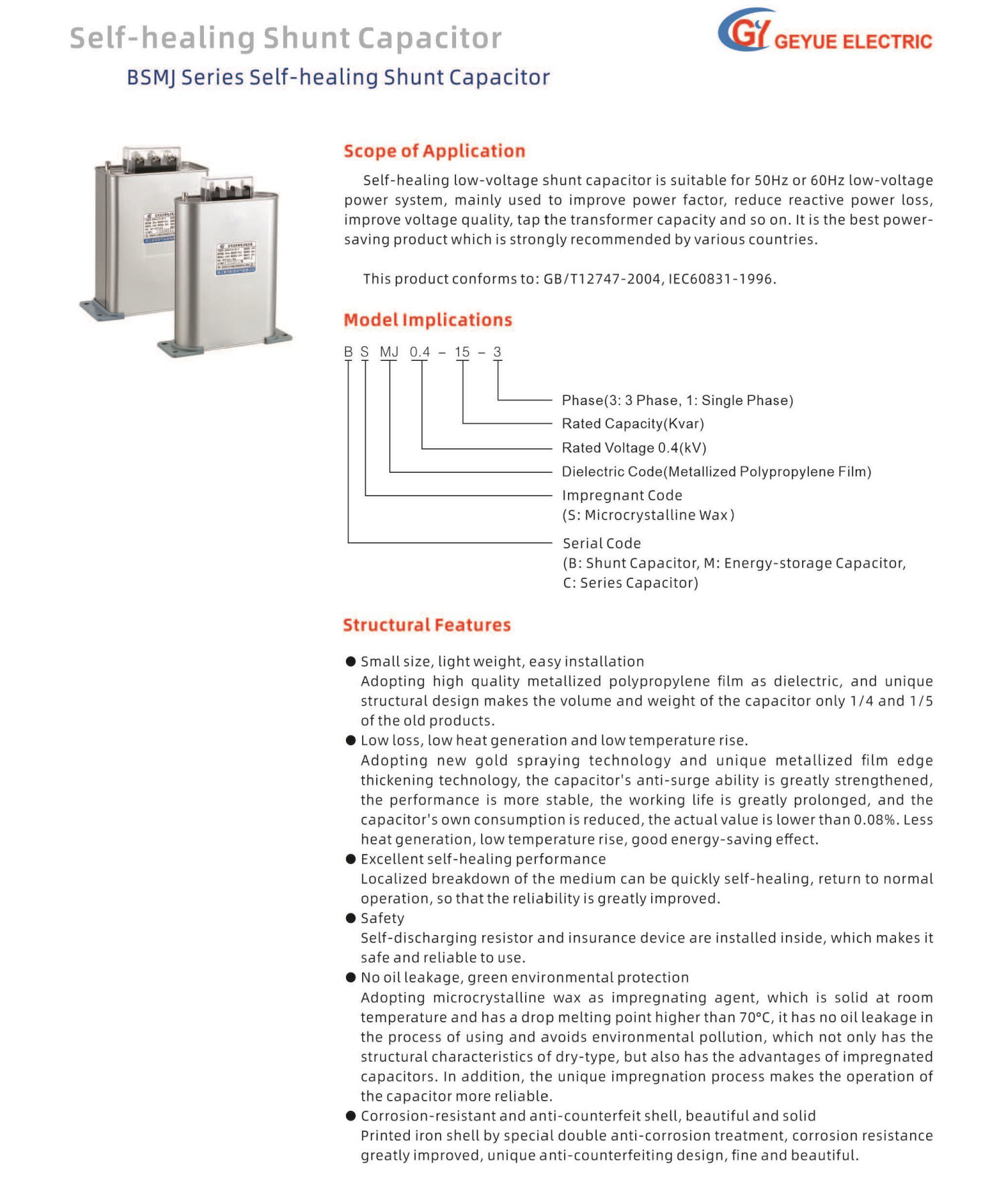Bsmj Series Single Phase Self Healing Shunt Capacitor