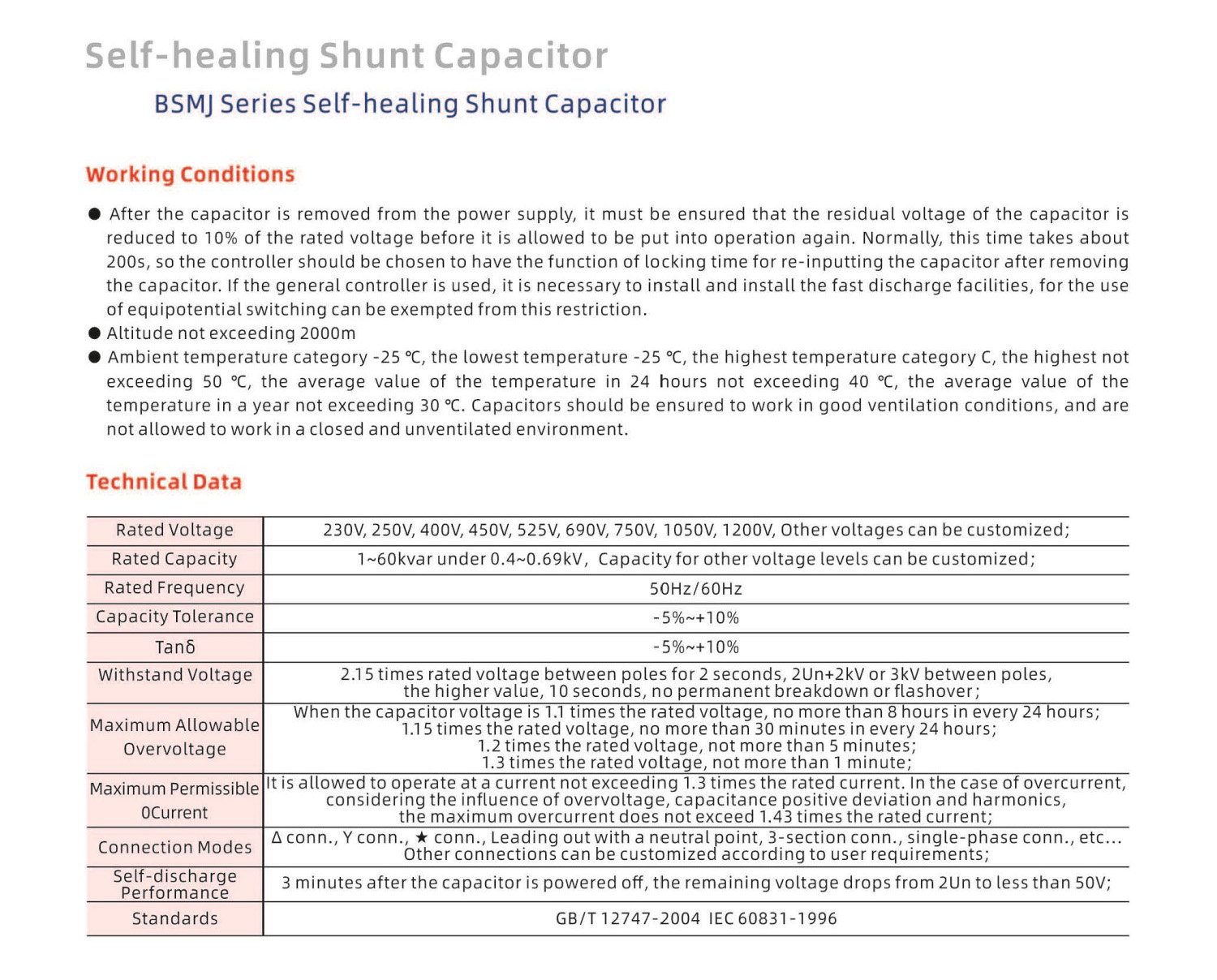 Bsmj Series Single Phase Self Healing Shunt Capacitor