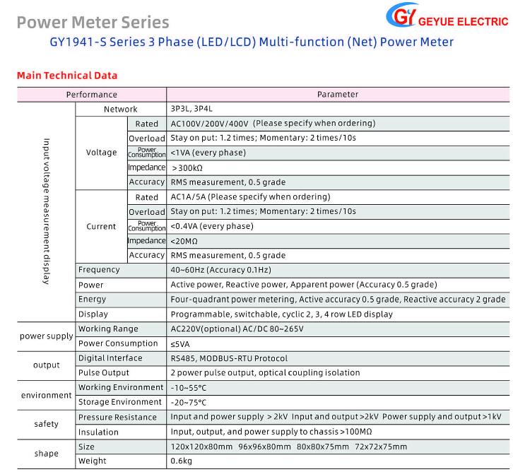 GY1941-S Series LED LCD AC DC RS485 Three Phase Multifunctional Meter